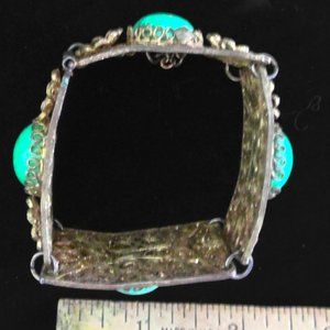 Vintage Filigreed Hinged Panel Bracelet Green Cabs